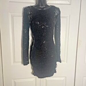 House Of CB London Lace Sequin Dress Women XS Black Beaded Lace Up Sides‎ Party